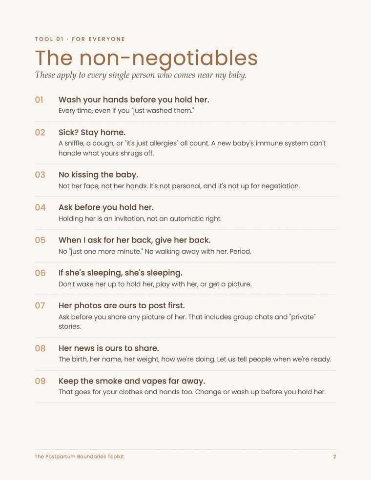 Page of the toolkit: The non-negotiables, nine rules for everyone who comes near the baby